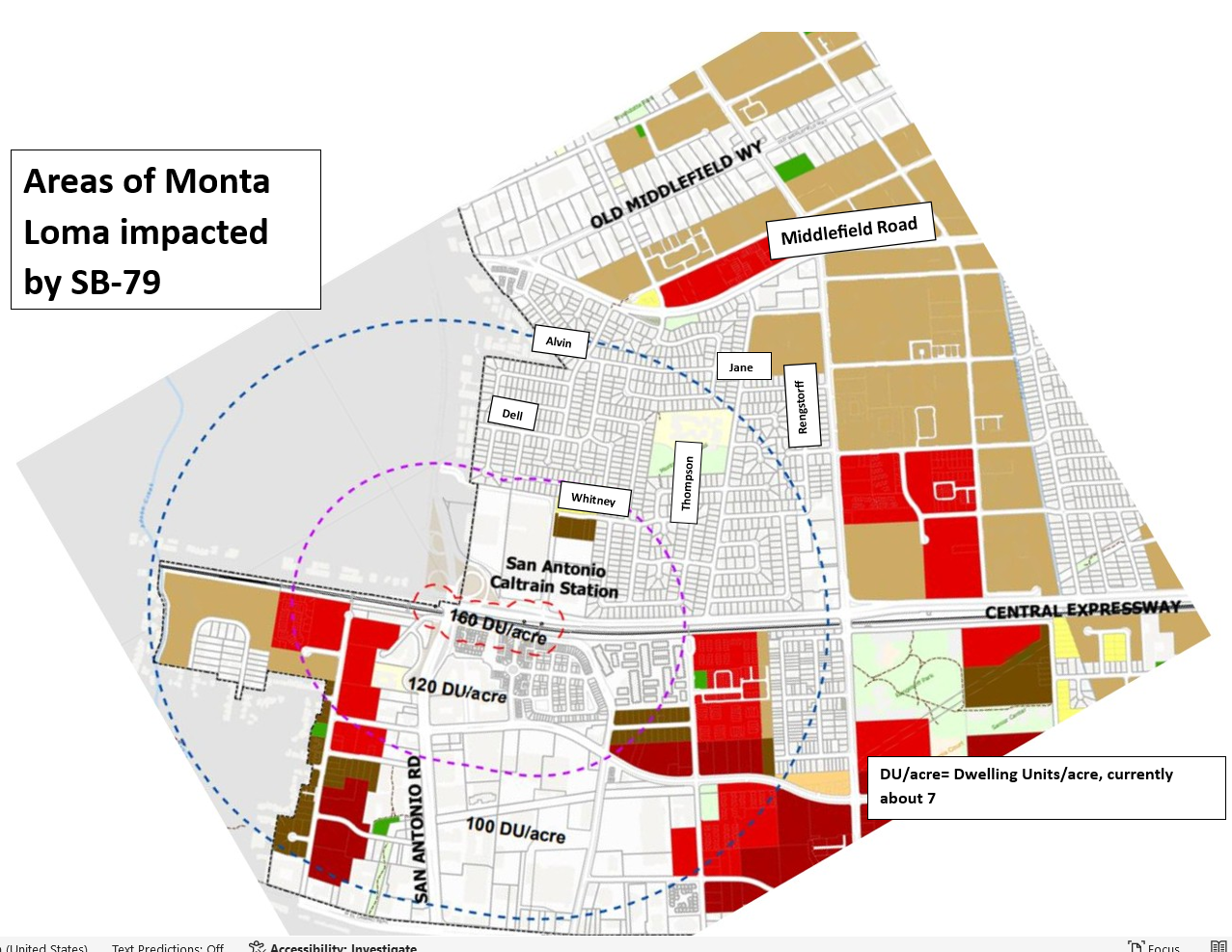 Map titled Areas of Monta Loma impacted by SB-79, showing the San Antonio Caltrain station and nearby zones marked 160, 120, and 100 dwelling units per acre.