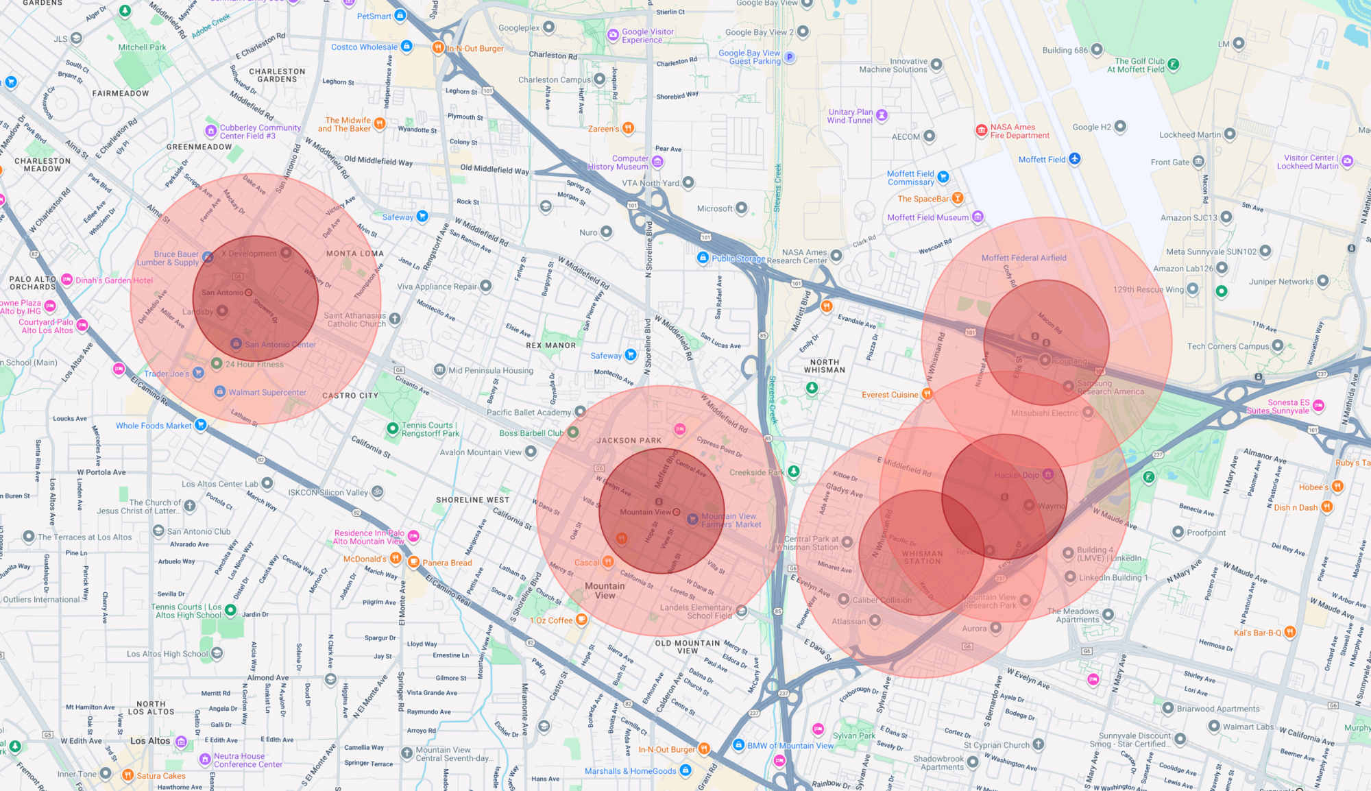Map of Mountain View areas near transit that SB 79 can affect.
